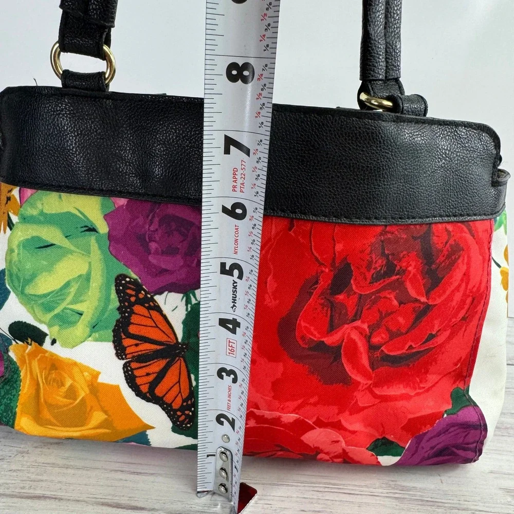 Avon Reversible Floral Butterfly Satchel Bag Black Faux Leather Rose Handbag